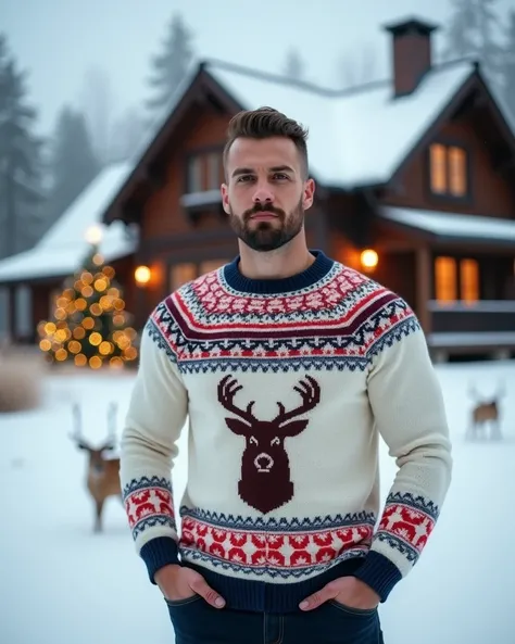 Ultra-wide shot from a distance: A handsome, muscular 30-year-old man stands proudly outside a majestic wooden house on a snow-covered field. His quaff hairstyle and trimmed beard complement his athletic physique. He wears an ugly Christmas sweater in whit...