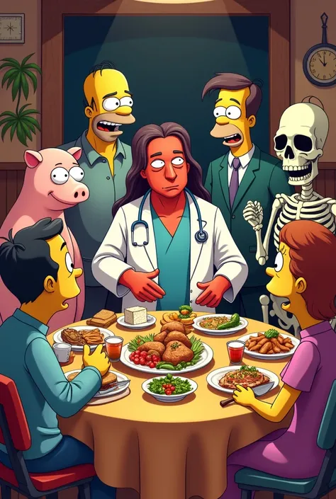  Group of friends consisting of :  Doctor Maki Gero , robocop, Red chin,  Homero Simpsons , Porki , mister popo,  a skeleton and Peñe Argento enjoying dinner with friends (traditional 2d animation)