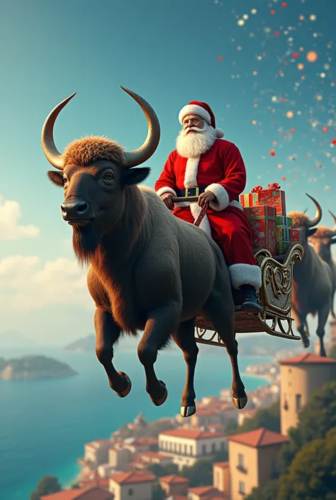 Alors peux tu essayer de me faire une image du père Noël qui distribue des cadeaux au dessus de la Ciotat, sauf que les cerfs qui tractent son traîneau sont remplaces par des bisons