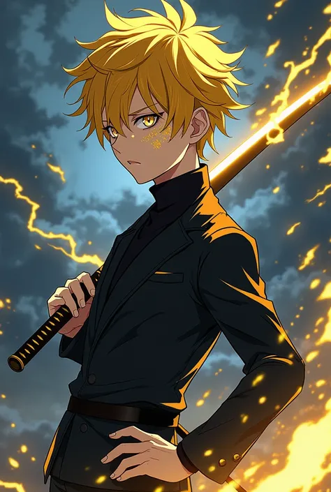  Create an image of Zenitsu Agatsuma ,  the Demon Slayer character ,  reimagined as a sorcerer from the universe of Jujutsu Kaisen .  Zenitsu keeps his short, disheveled hair in bright yellow color ,  with golden reflections that seem charged with electric...