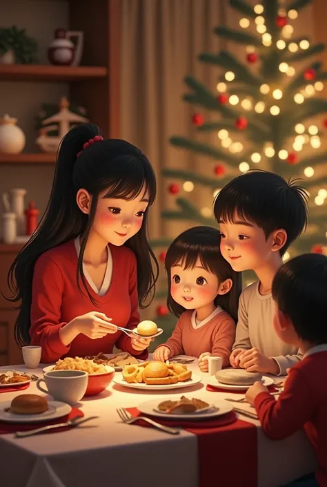  I need an image of an Asian family having dinner for Christmas,  the mother with long black hair and the father with dyed blonde hair , with their 36-month-old twin daughters 