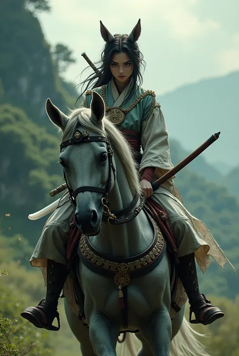 Fox face girl riding horse with katana 