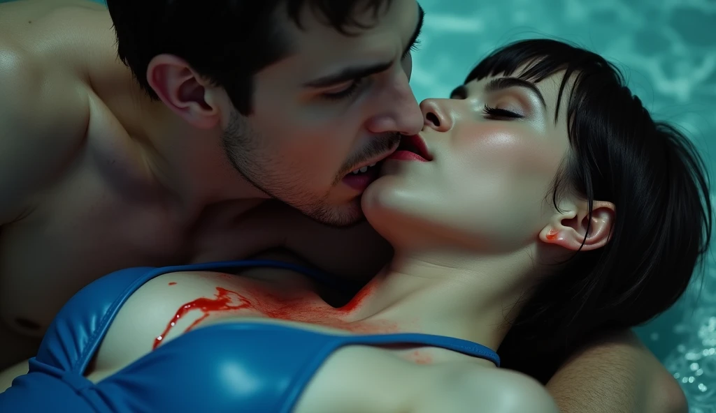 full body photograph of a beautiful white woman, short hair with bangs, lying on her side in a blue swimsuit, above her a handsome vampire with sharp teeth sticking out bites her neck, blood runs down her neck from the bite.