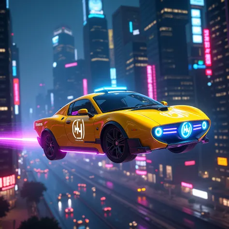 "Design a futuristic flying taxi cruising through a vibrant cyberpunk-inspired metropolitan skyline at midnight. The taxi features a sleek, aerodynamic design with a glowing golden-yellow exterior, enhanced by neon blue and purple accents along its edges. ...