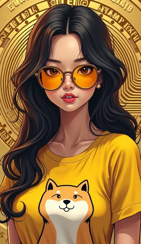 create an Asian woman who dresses like a cryptocurrency investor, wearing stylish yellow glasses, with the BTC currency behind her body, wearing a crypto dogecoin t-shirt, highlighting her knowledge in crypto, with details of the most varied memecoins curr...