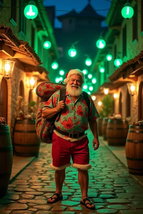 A vibrant and lively medieval village at night, illuminated by glowing green lanterns along cobblestone streets. The setting includes wooden barrels, rustic architecture, and an enchanting festive atmosphere. In the foreground, a cheerful Santa Claus is dr...