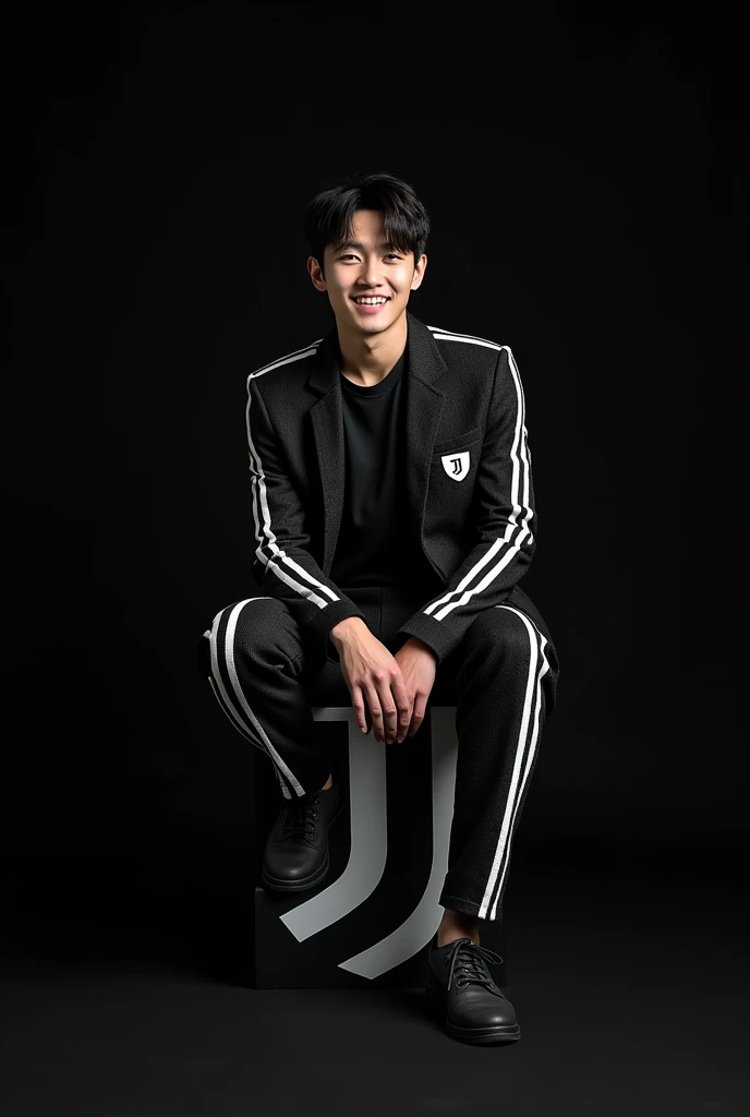  featuring full HD high resolution ,  a handsome man of short hair from korea is sitting on a juventus-shaped logo in the shape of JJ, the man is wearing a black santa suit with elongated white flannel stripes , wearing a black santa hat ,  looks at the ca...