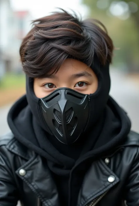 A young Asian boy age 25 stylish, smart and cute ride on motorcycle having bike mask half face motor cycle mask in black color 
, mask is made of warm, durable Neoprene on the mouth piece. Fleece covers the neck, mask cover his half face and full neck cute...