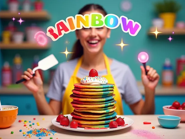 "Design a vibrant YouTube thumbnail in 16:9 aspect ratio featuring a tower of rainbow-colored pancakes, topped with glowing whipped cream, sprinkles, and fruit. Place an excited host in the foreground, wearing a colorful apron, holding a spatula, and smili...