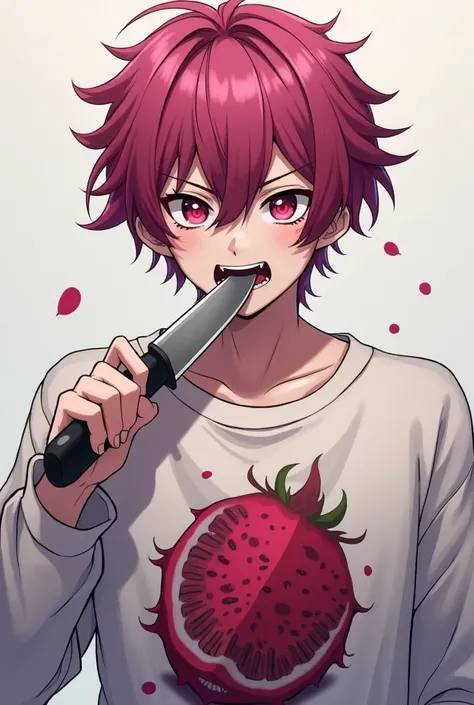 Bipolar male anime style magenta hair red eyes sweatshirt with pitaya printed holding a knife with its mouth open and closed