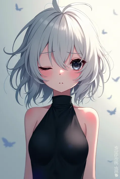 An anime girl with messy white hair with long black eyes and the other closed and wearing a black dress