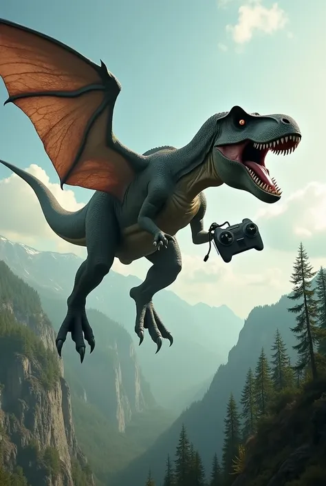 A tyranosaurus rex that can fly with a remote in hand