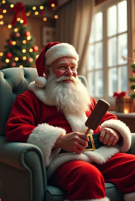  Very realistic Santa Claus with a lot of details in a bright room with Christmas decoration, Santa Claus is eating chocolate popsicles .