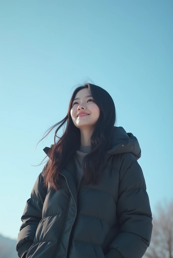 Under the blue sky from the earth 、 A beautiful Asian woman with long black hair is standing wearing winter clothes。 smiling nicely and looking slightly upwards 。 shot from an oblique angle
、Full body　Hi-Vision 8k 