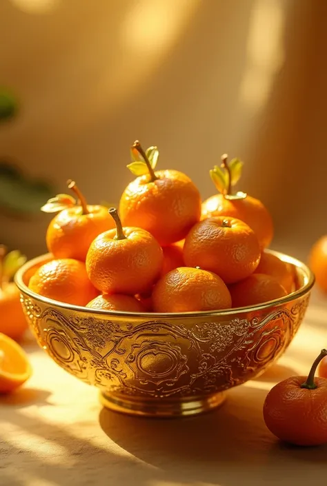 Front view, bright, close-up showing a golden bowl filled with small oranges with a golden texture. The oranges have golden petioles, some with small golden leaves, and are placed in a beautifully carved pure gold container. The surface of the container is...