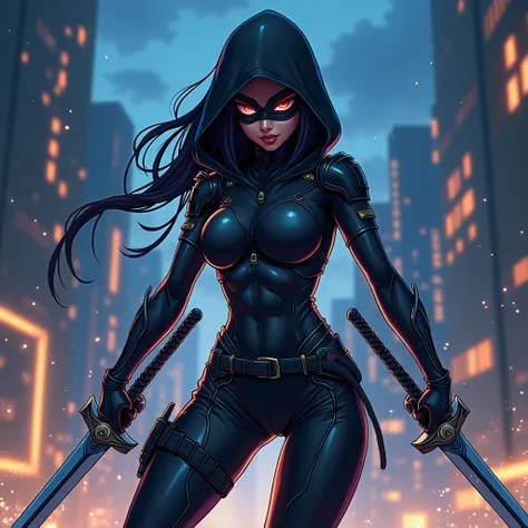 adult anime sexy girl wearing sexy black armour with hoodie cloak and wearing mask holding 2 swords too action Fighting pose
Background night buildings 
Cartoon simple color art