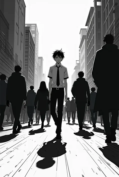 Japanese manga black and white art style,Young and tall boy, with black hair and black eyes, wearing highschool dress, walking on the street passing by peoples 