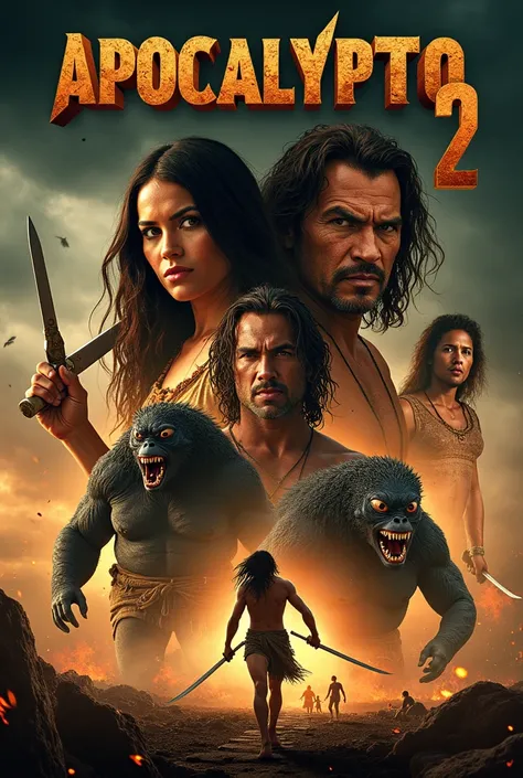 Create a poster for the movie "Apocalypto 2":Title: The poster has the words "Apocalypto 2" printed large at the top, giving a sense of antiquity and danger. The number "2" is placed right next to it. The poster features four main characters, all of whom h...