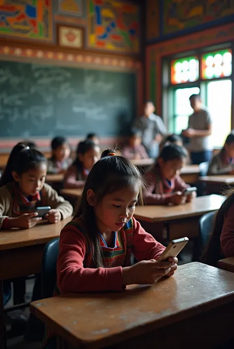 "Some are focused on their phones, scrolling through social media or texting, while others are looking distracted in Bhutanese classroom".