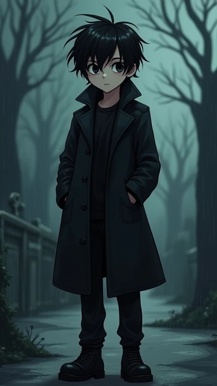 1 boy, Black messy hair, Black trench coat, Black eyes, Black sclera, pale skin, Darknees background, medium hair, Black pants,full body Black shoes, cemetery background night rain sinister, Cartoon style 