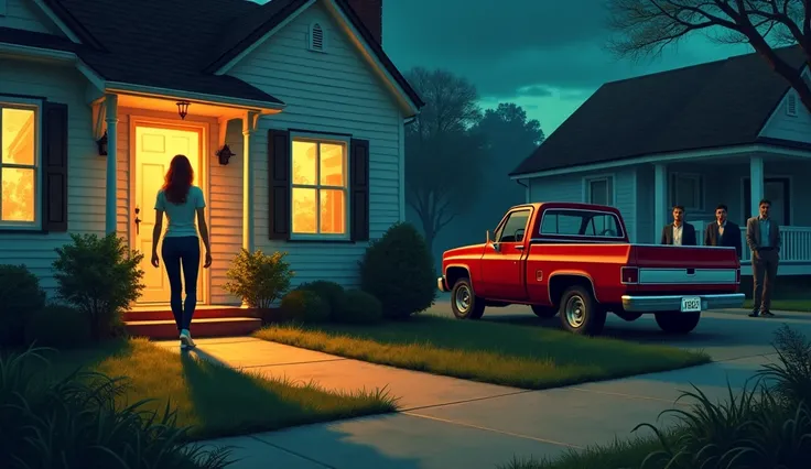 Full shot. Woman with light brown hair. Entering a house and across the street is a 80s PICK UP truck with 3 men standing looking at her.. cinematic. dramatic lighting .illustration