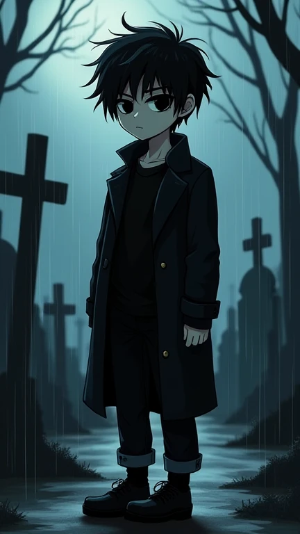 1 tall boy, Black messy hair, Black trench coat, Black eyes, Black sclera, pale skin, Darknees background, medium hair, Black pants,full body Black shoes, cemetery background night rain sinister, Cartoon style 