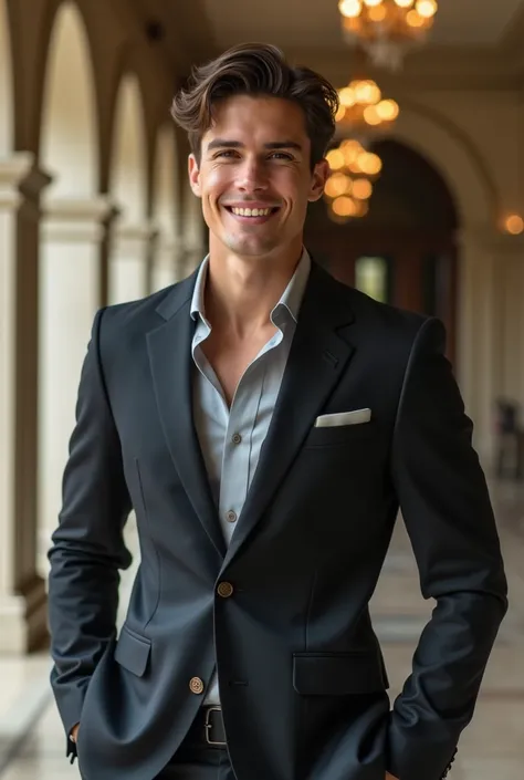 A remarkably handsome young man standing confidently, with radiant skin, deep and captivating eyes, and a charming smile. He is dressed in a perfectly tailored modern outfit, exuding elegance and sophistication. The surroundings are softly lit, enhancing h...