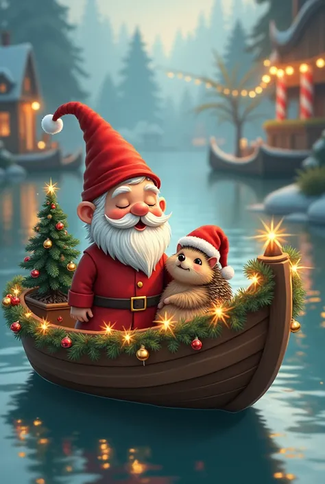 A gnome and a hedgehog celebrate Christmas on a boat.