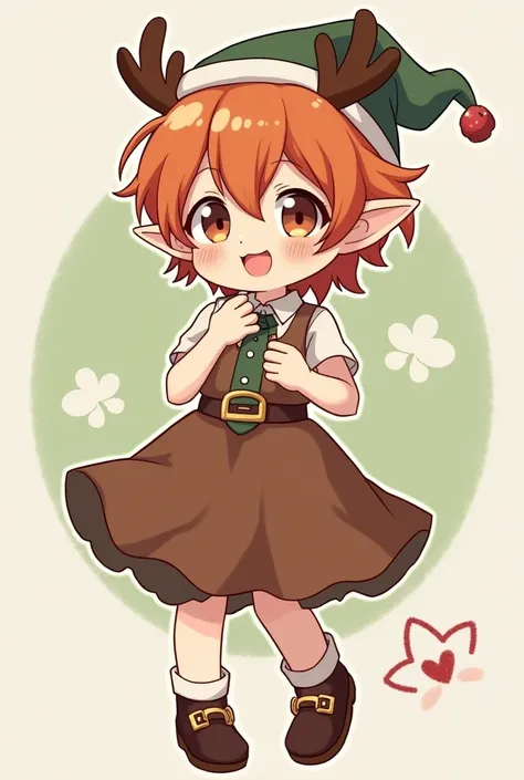  anime boy character  "  reindeer dress  "  fluffy brown hair  "  reindeer accessory  " cute face "  anime boy character  "  cute orange hair  "  Christmas elf dress "  leprechaun accessories  "  pixie shoes  " cute tasting 