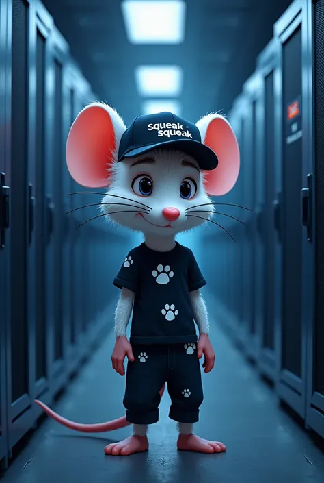 Digital illustration of a cartoon mouse character wearing a black t-shirt and trouser with an white mouse paws on it and a black baseball cap with the word "Squeak Squeak" written on it. the character has white fur and is standing in a server room with row...