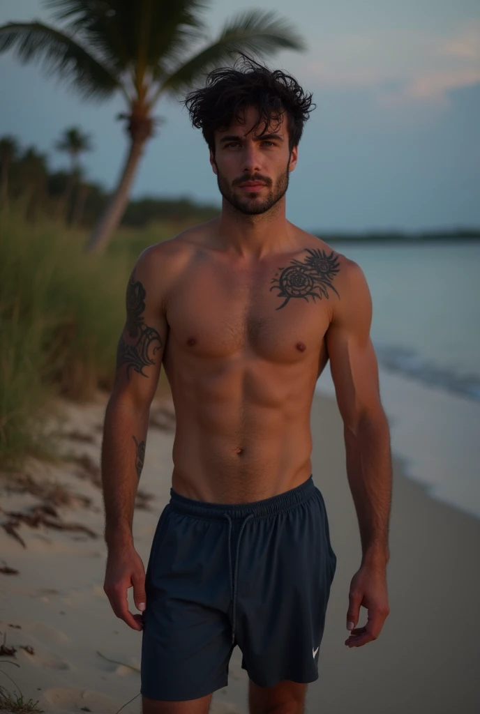 24 year old man, 1,78 m tall, pearly complexion and athletic build .  He has slightly disheveled dark hair and a tribal tattoo on his left shoulder.

he is not wearing a shirt, He wears dark blue sports shorts and is barefoot

In a beach house enjoying the...