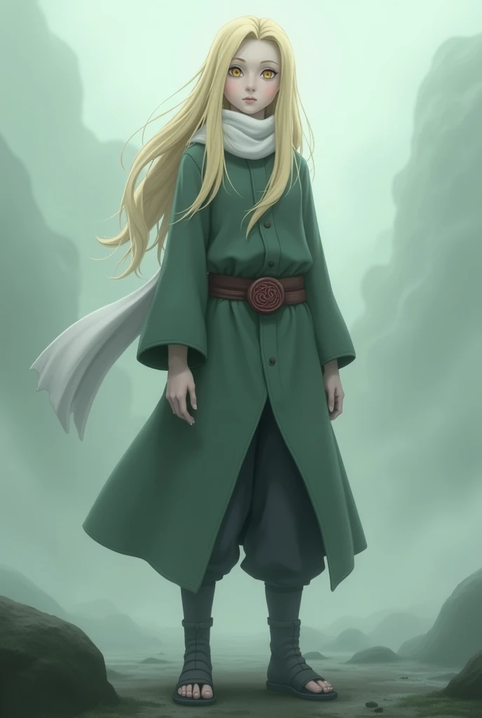 A  girl,  originally from the Hidden Village of the Mist . She has long blonde hair,  that falls in soft waves up to her back . Her skin is very light, almost pale, with an ethereal touch .  His eyes are brown with yellowish tones , with a calm and deep lo...