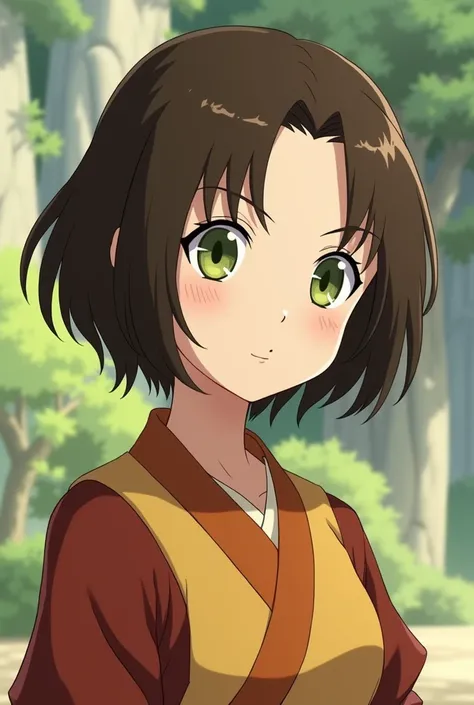  A girl with short brown hair ,  white skin and green eyes who is a nomadic air of the series " Avatar:The Legend of Aang"  with that animation style and with the clothes of Aang , The protagonist of this anime 