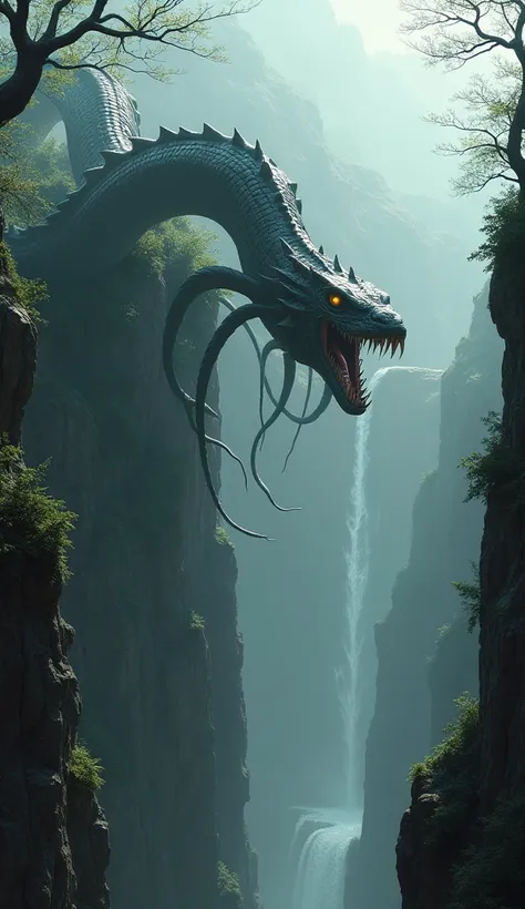 Create an image of an ancient giant snake with a thousand legs on the edge of a ravine with a dramatic feel