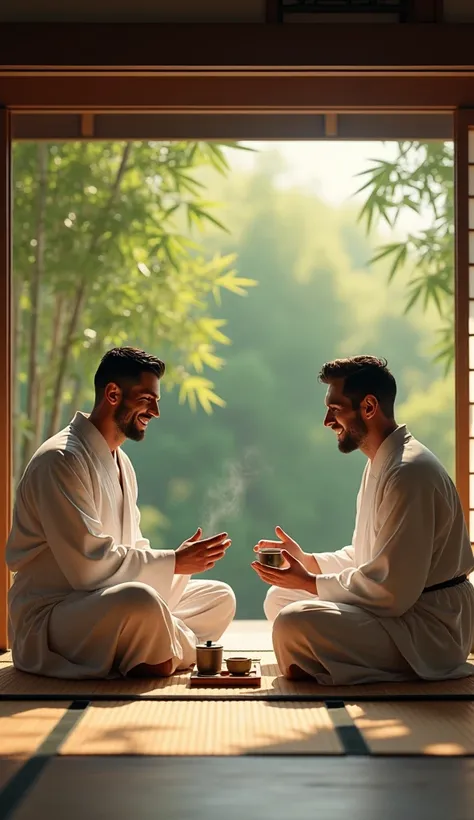 Ronaldo and Messi sit cross-legged on tatami mats in a traditional Japanese tea house, dressed in comfortable kimonos with wide sleeves. They both appear relaxed and engaged, holding delicate tea bowls as they laugh together. Ronaldo’s cheerful smile compl...