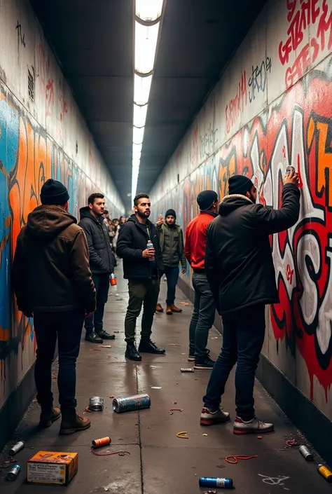 A group of graffiti artists on a subway at Christmas in Paris at night with aerosols and drinking rum