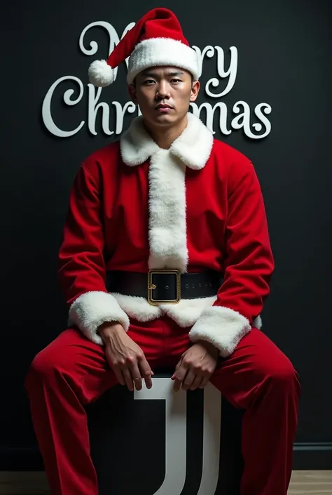  featuring full HD high resolution , a handsome man of bald-haired korean origin is sitting on a juventus-shaped logo in the shape of JJ, the man wears a santa clause suit ,  and wears a white santa hat with black stripes,  looking at the camera with a col...