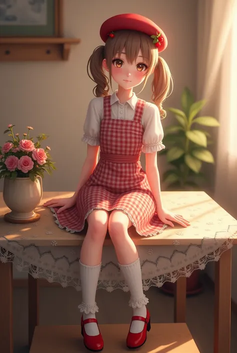 A young woman with light brown hair styled in pigtails, sitting on a wooden table. She is wearing a red beret adorned with small cherry decorations, a white and red gingham dress, white knee-high socks with lace trim, and red Mary Jane shoes. The setting i...