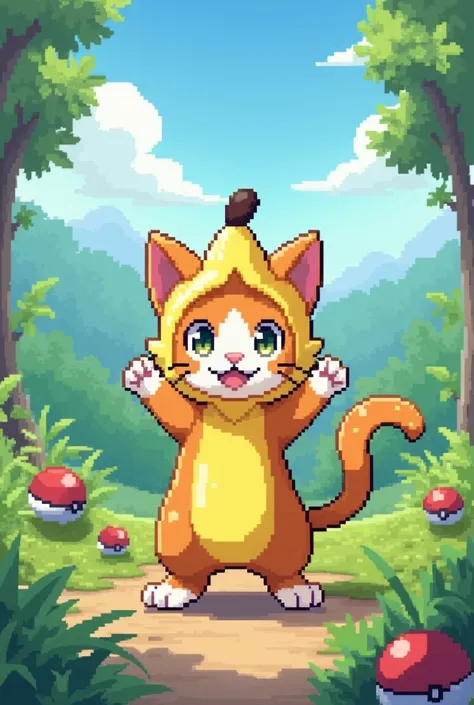 The background is the Pokemon world, Pixel, Cat in a banana suit