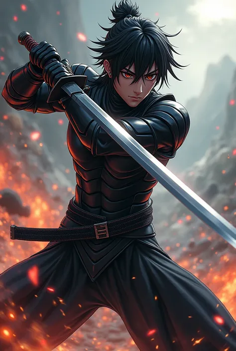 Sword fighting anime character with black armor