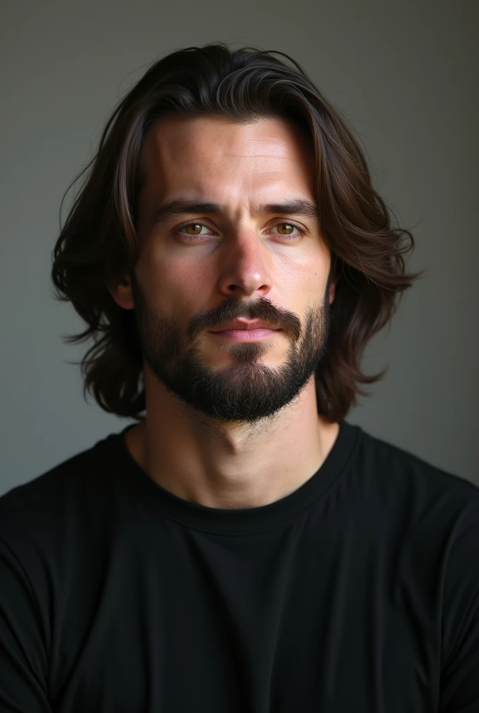 Create a hyper-realistic portrait of a man with shoulder-length brown hair and a well-groomed beard. He has a thoughtful and confident expression, with piercing eyes that exude strength and calm. His hair falls naturally on both sides, framing his face ele...