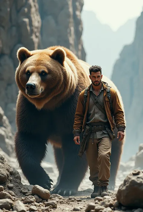 Realistic image of a handsome man walking side by side with an enormous bruang against a background of full-screen sized rocks