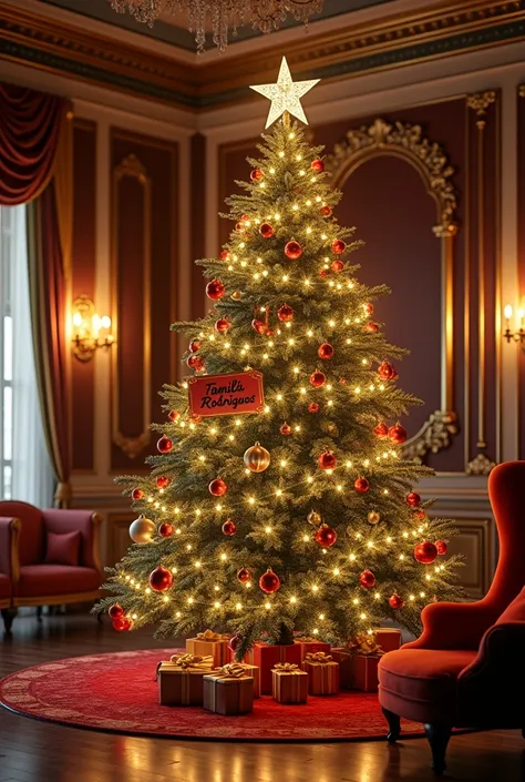 Make a Christmas tree inside an elegant room ,with a sign that says Familia Rodriguez