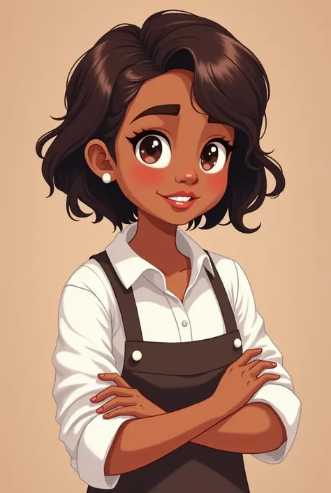  I would like to create a cartoon image of a girl about 23 years old,  she has dark brown hair and eyes ,  she is a pastry chef and has a slightly plump face . If the skin is a little brown , Your hair isnt that short 