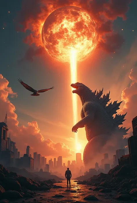  A high resolution scifi design image .  There is a huge meteor falling with Fire on the meteor .  Then there is Godzilla from behind who is messing up the city and there is an eagle flying over that Godzilla with the building exploding and the meteor in t...