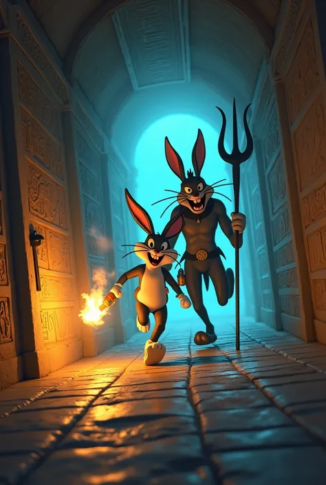 Generate bugs bunny with a bright torch while running away from the Tasmanian Red Devils pitch fork in the dark tunnel of the police station looking like tome of pharaohs paramid 