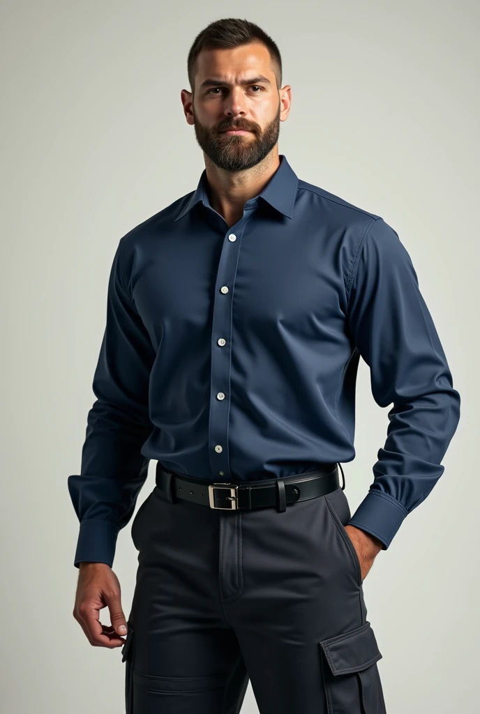  Mens beard trimmed and hair cut military,  with long sleeve blue dress shirt , With dress pants twill lead, knife pocket ,  large zipper ,  with shirt inside the pants , black belt.