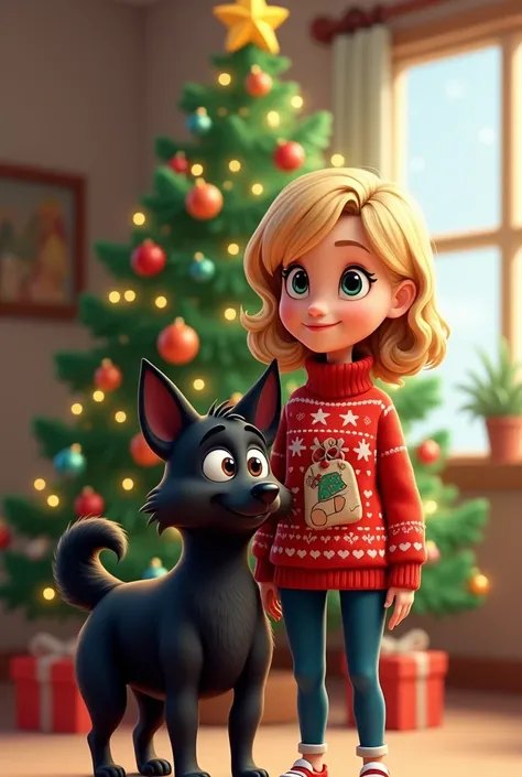 un schipperke et une jeune femme blonde en pull de noel devant un sapin style cartoon