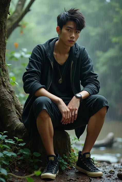 a young korean man, short hair, black hair korean style, wearing a black t-shirt, black jacket, black shorts, sneakers, he poses sitting leaning on a tree, next to him is the monkey man sun wo kong, wearing a golden iron robe, has a tail, poses holding a s...