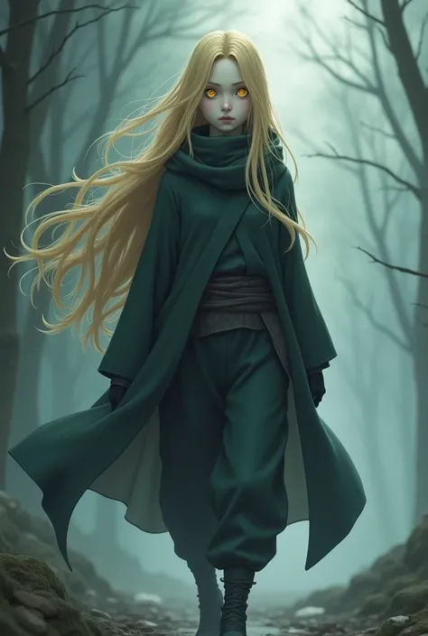 A  ninja girl ,  of long, wavy blond hair and pale skin .  Her yellow-brown eyes shine with determination .  wears a dark ninja uniform ,  complete with a fluid layer that shines like moving fog.  Her outfit includes dark pants ,  sturdy boots and a scarf ...